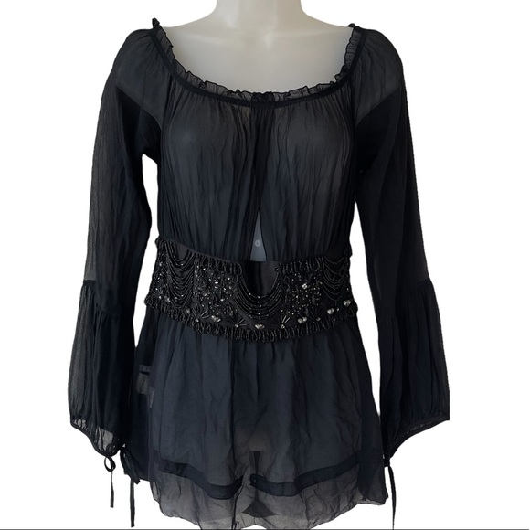 PINKO sheer blouse long sleeve princess waist rhinestone Whimsy goth - Picture 14 of 14